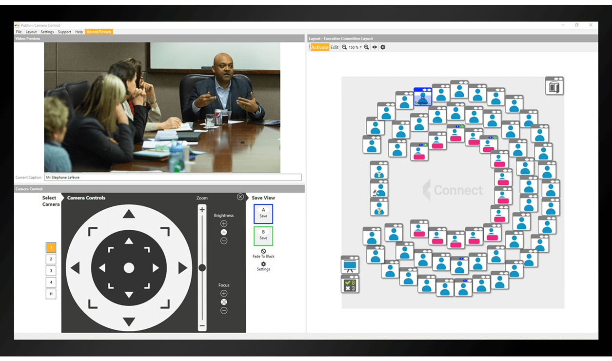 Live Camera screenshot showing Creston integration for meeting room layout and camera control
