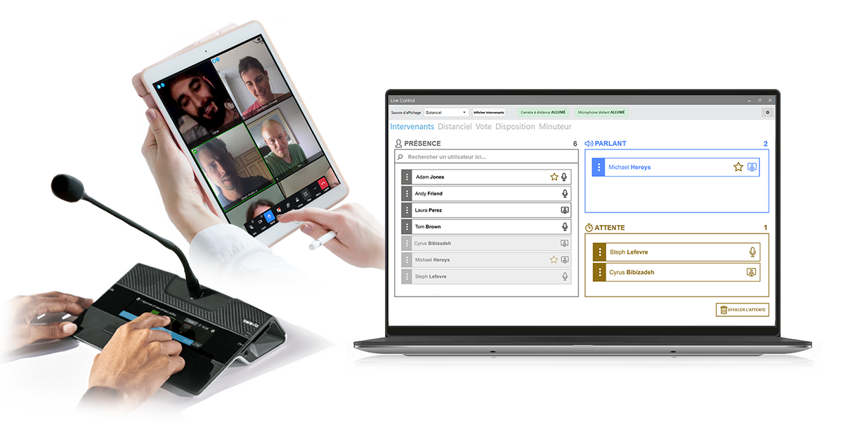 Live Control gère la file d'attente des intervenants à distance et dans la salle.
